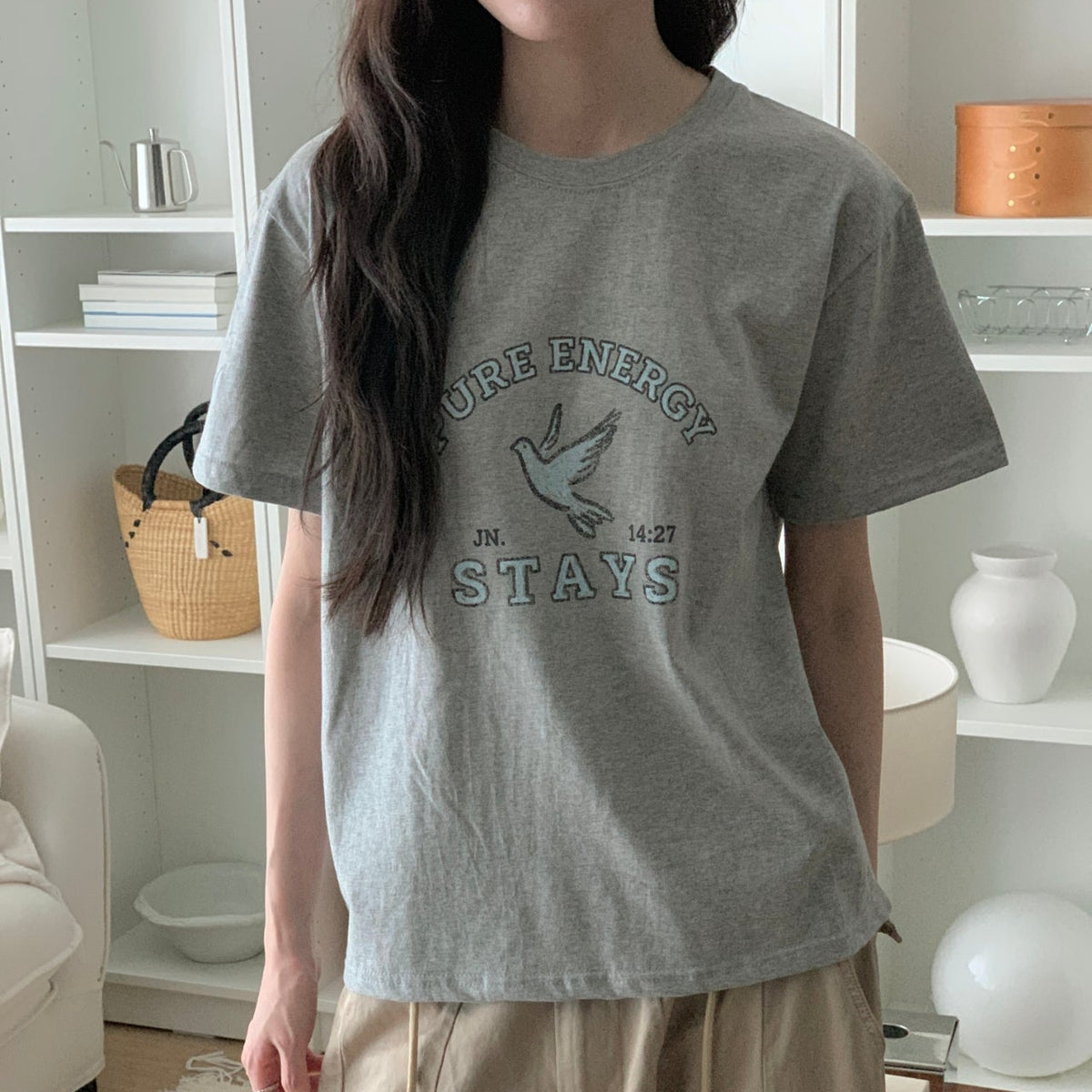 Pure Energy Stays Christian Graphic T-Shirt – John 14:27 Dove Print | 100% Cotton | Made in Korea | Unisex Free Size