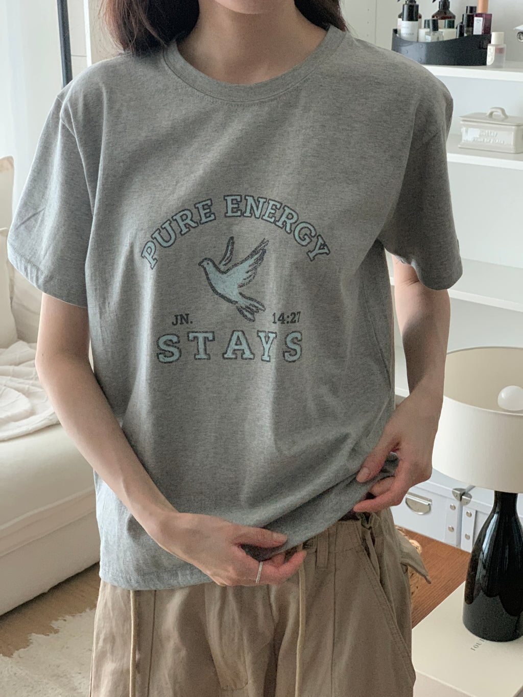 Pure Energy Stays Christian Graphic T-Shirt – John 14:27 Dove Print | 100% Cotton | Made in Korea | Unisex Free Size