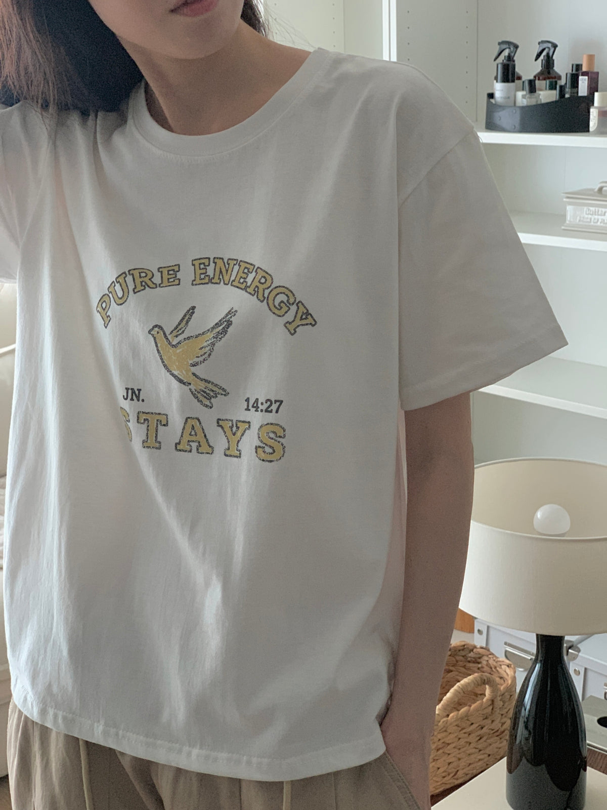 Pure Energy Stays Christian Graphic T-Shirt – John 14:27 Dove Print | 100% Cotton | Made in Korea | Unisex Free Size