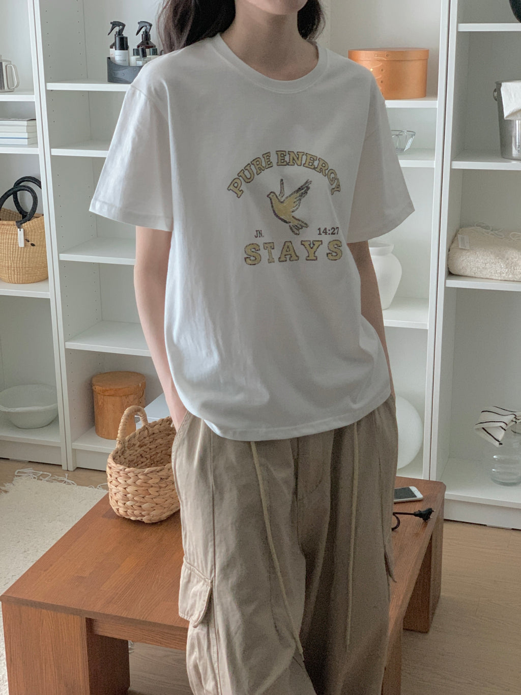 Pure Energy Stays Christian Graphic T-Shirt – John 14:27 Dove Print | 100% Cotton | Made in Korea | Unisex Free Size