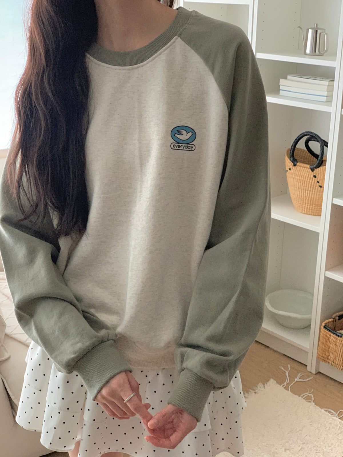 Everyday Holy Spirit Dove Raglan Sweatshirt – Christian Color Block Crewneck, 100% Cotton, Made in Korea | 3 Colors