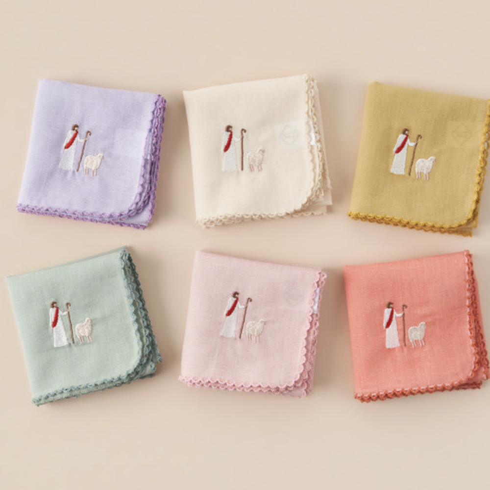 Jesus & the Lamb Embroidered Linen Handkerchief hand-embroidered in Korea