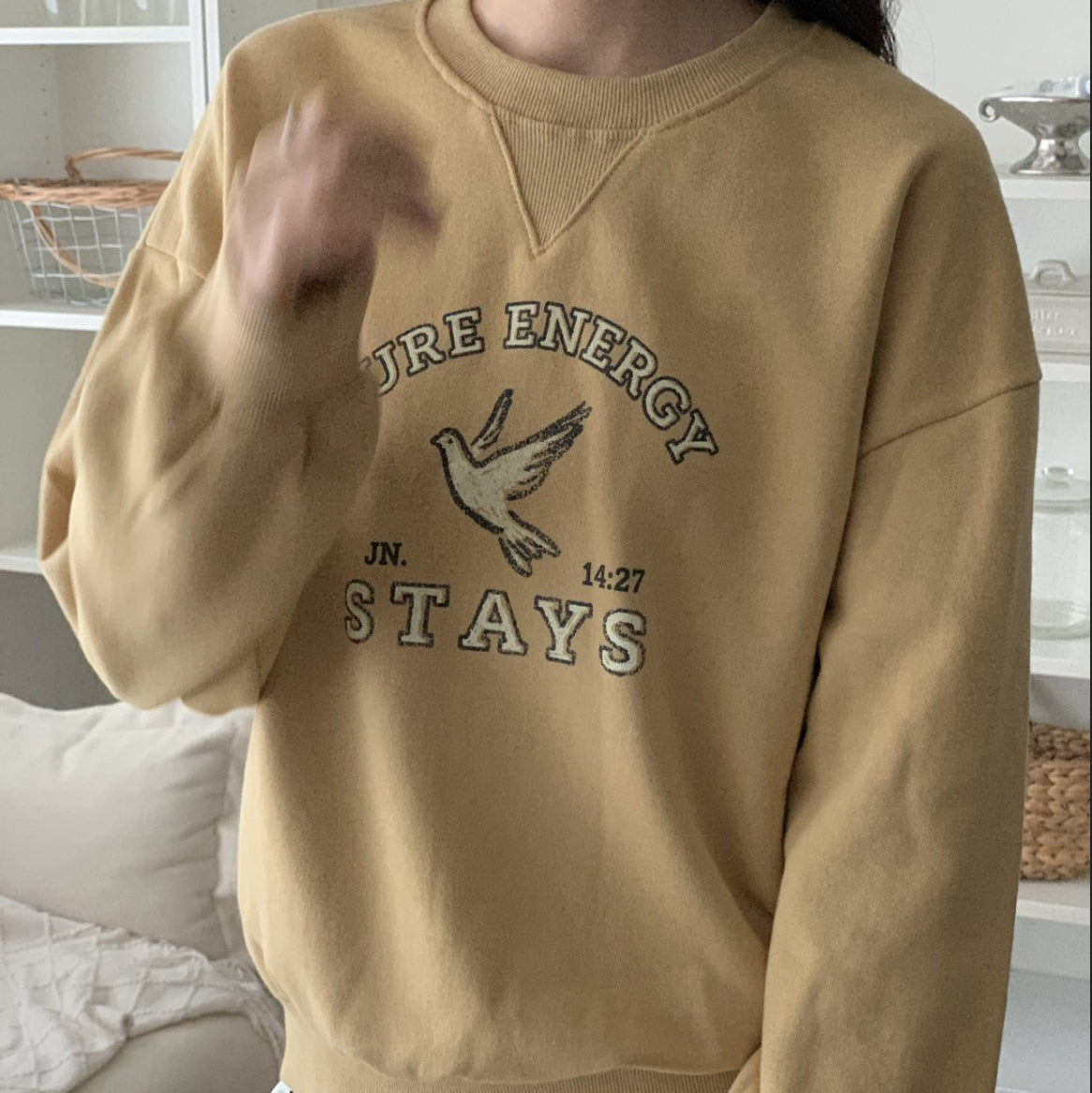 Pure Energy Stays Christian Cropped Sweatshirt – John 14:27 Holy Spirit Dove Graphic, 100% Cotton, Made in Korea | Mustard, Charcoal & Gray