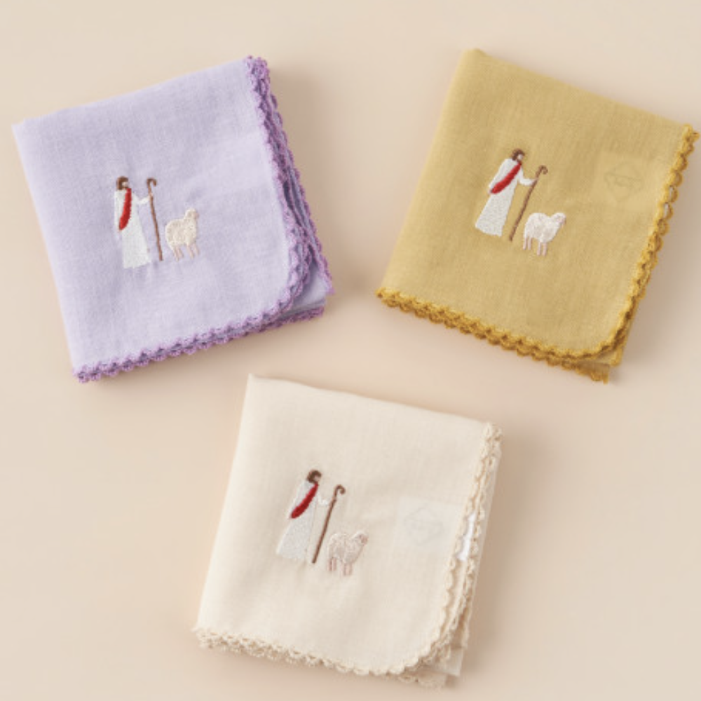 Jesus & the Lamb Embroidered Linen Handkerchief hand-embroidered in Korea