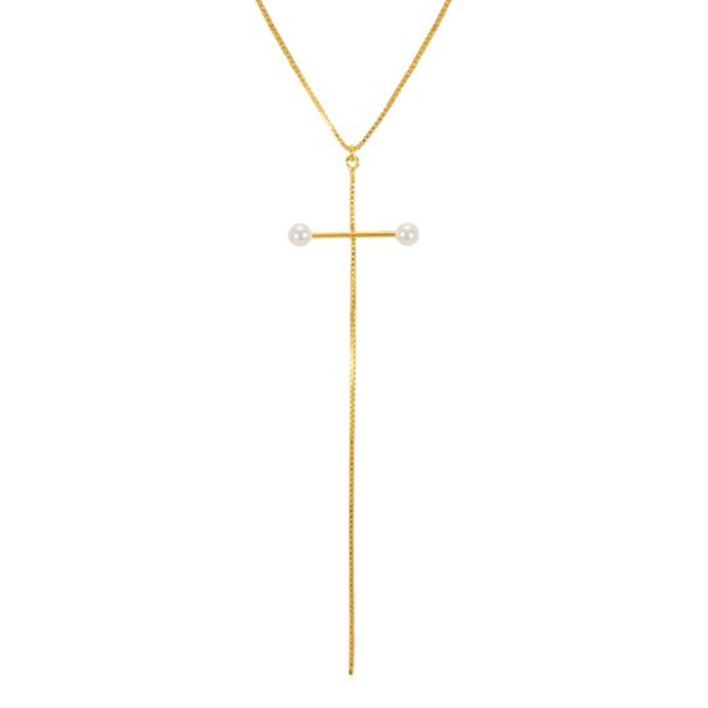 Aurora Pearl Cross Lariat Necklace 925 Silver Swaroski pearl 3mm