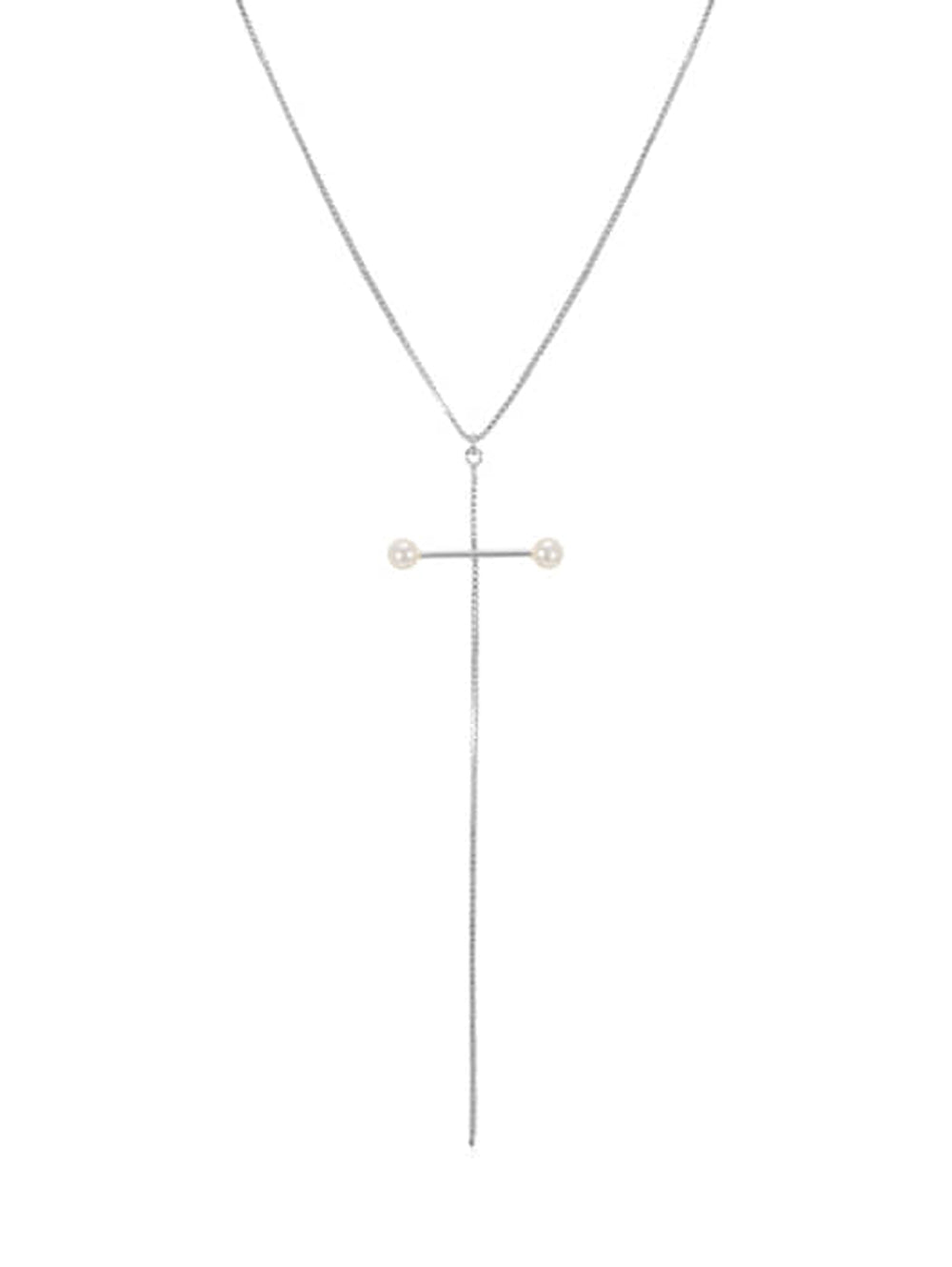 Aurora Pearl Cross Lariat Necklace 925 Silver Swaroski pearl 3mm