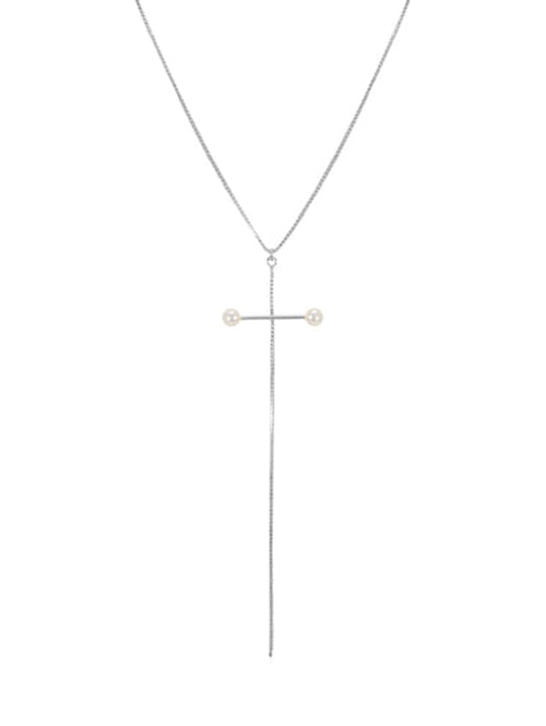 Aurora Pearl Cross Lariat Necklace 925 Silver Swaroski pearl 3mm
