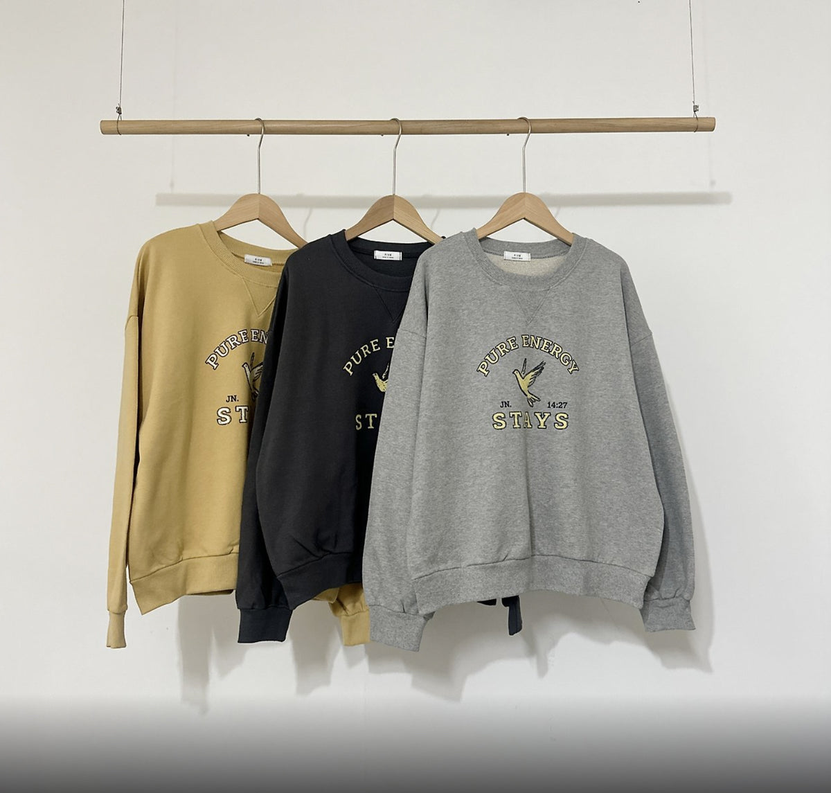 Pure Energy Stays Christian Cropped Sweatshirt – John 14:27 Holy Spirit Dove Graphic, 100% Cotton, Made in Korea | Mustard, Charcoal & Gray