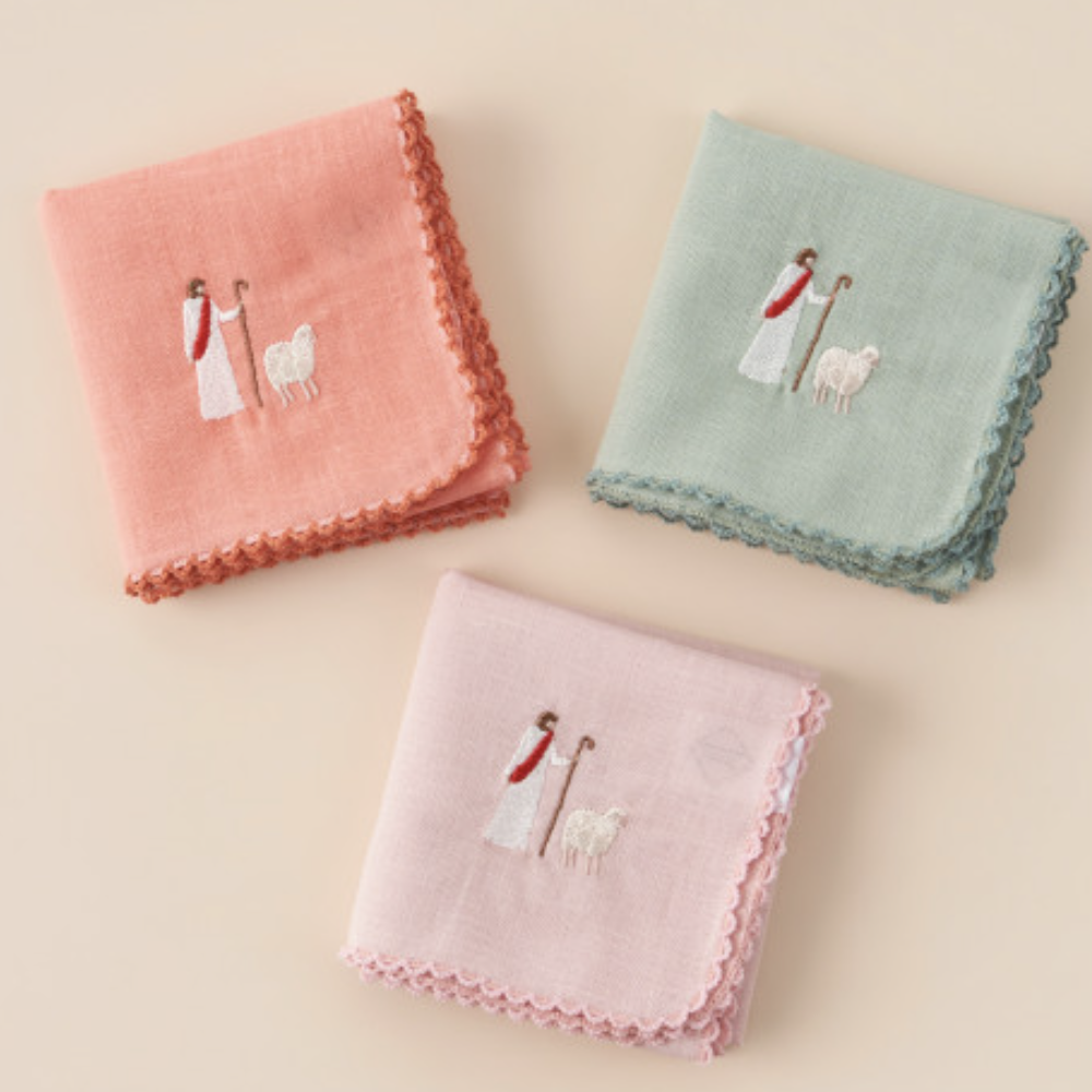 Jesus & the Lamb Embroidered Linen Handkerchief hand-embroidered in Korea