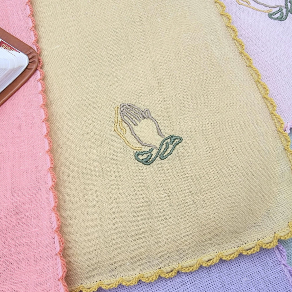 Always Pray Linen Handkerchief  Hand Embroidered in Korea