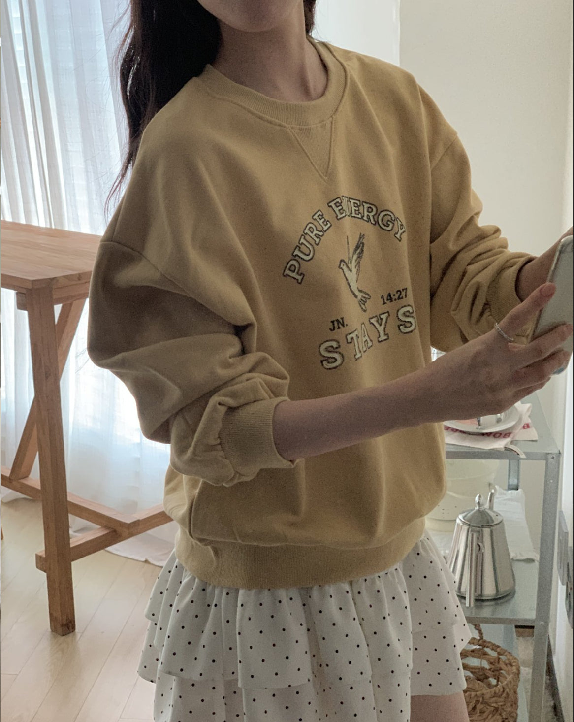 Pure Energy Stays Christian Cropped Sweatshirt – John 14:27 Holy Spirit Dove Graphic, 100% Cotton, Made in Korea | Mustard, Charcoal & Gray