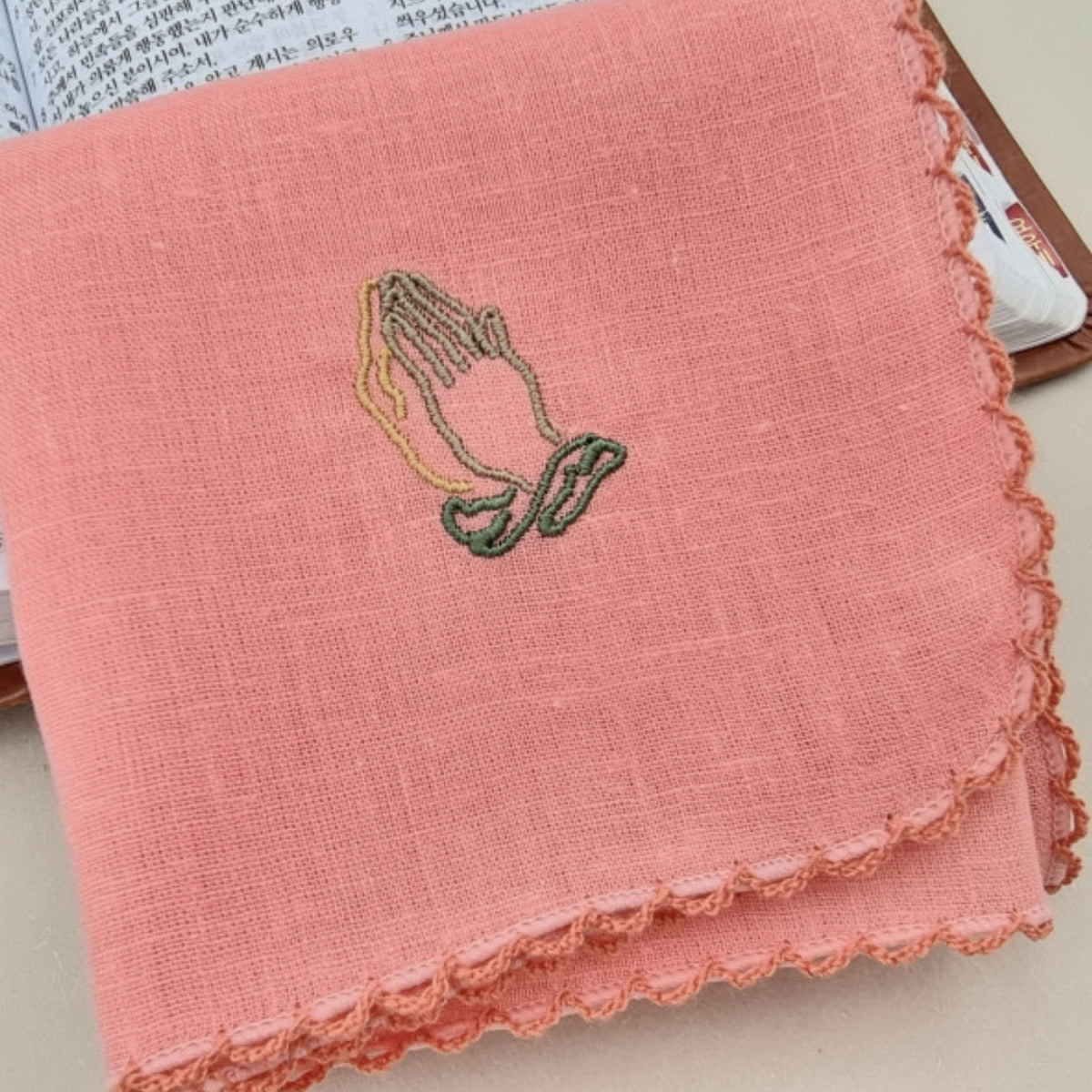 Always Pray Linen Handkerchief  Hand Embroidered in Korea