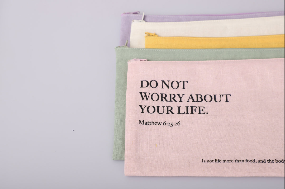 Do Not Worry Christian Canvas Zipper Pouch – Matthew 6:25-26 Bible Verse | Faith-Inspired Makeup & Travel Organizer | 5 Colors