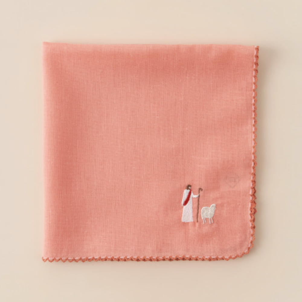 Jesus & the Lamb Embroidered Linen Handkerchief hand-embroidered in Korea