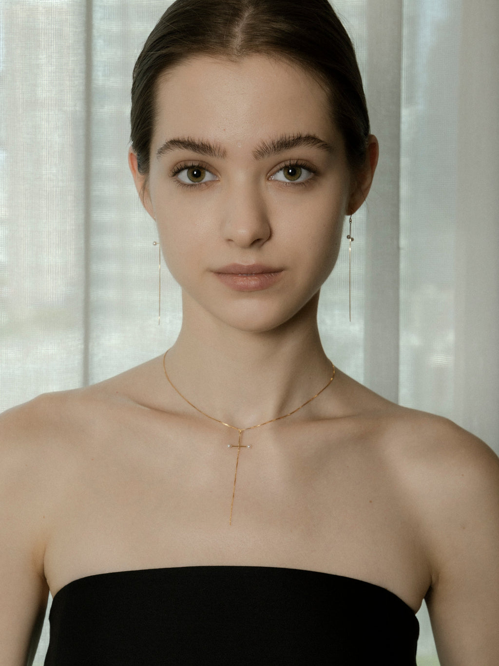 Aurora Pearl Cross Lariat Necklace 925 Silver Swaroski pearl 3mm