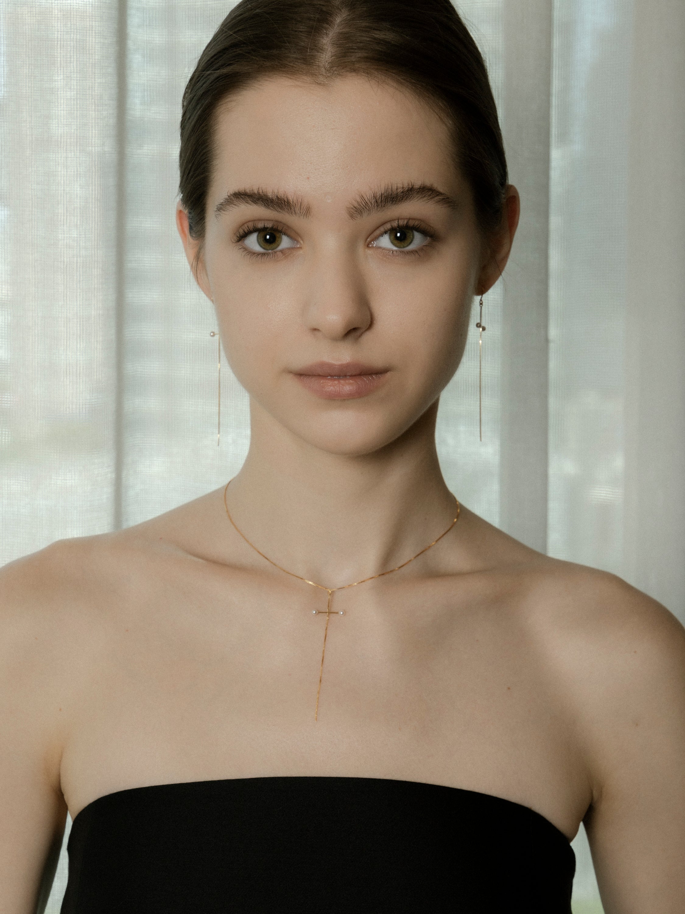 Aurora Pearl Cross Lariat Necklace 925 Silver Swaroski pearl 3mm