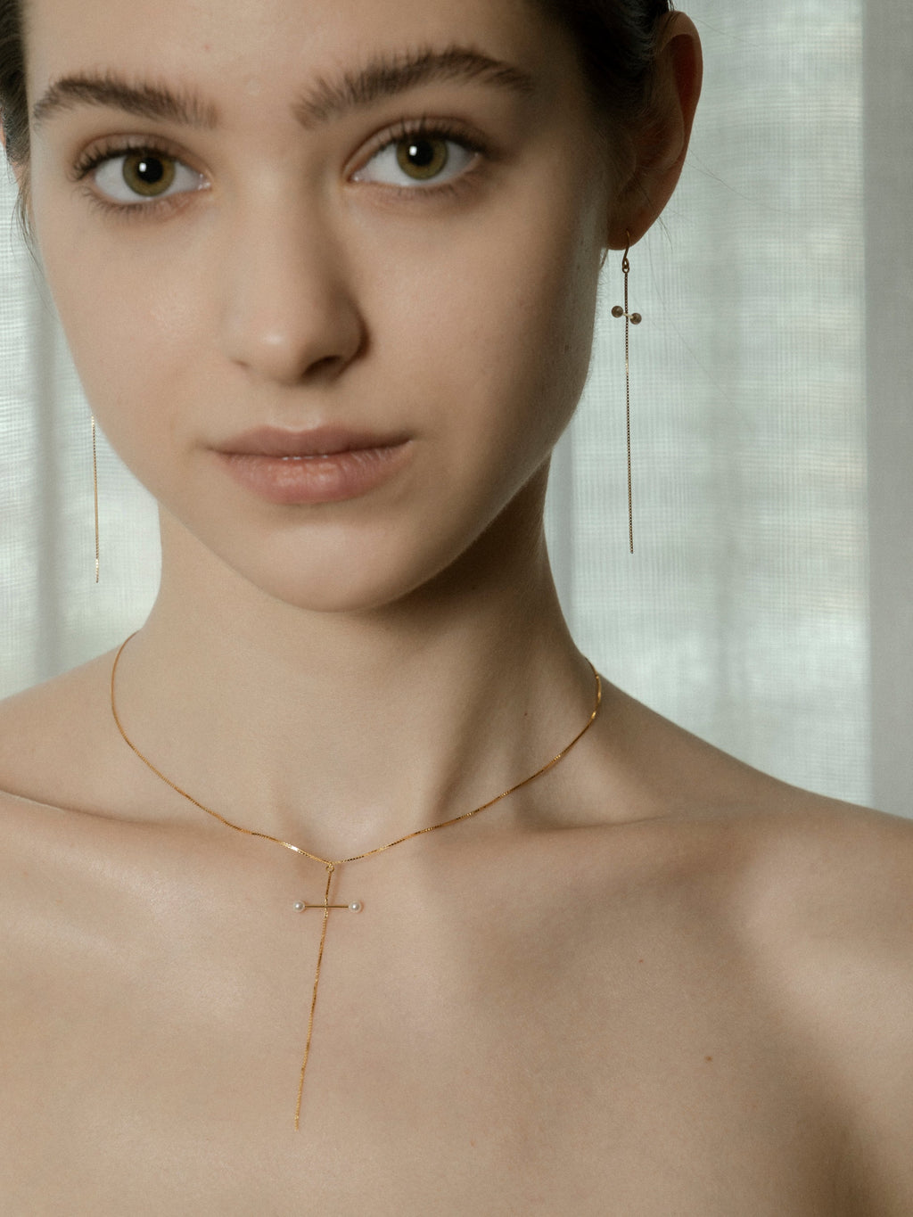 Aurora Pearl Cross Lariat Necklace 925 Silver Swaroski pearl 3mm