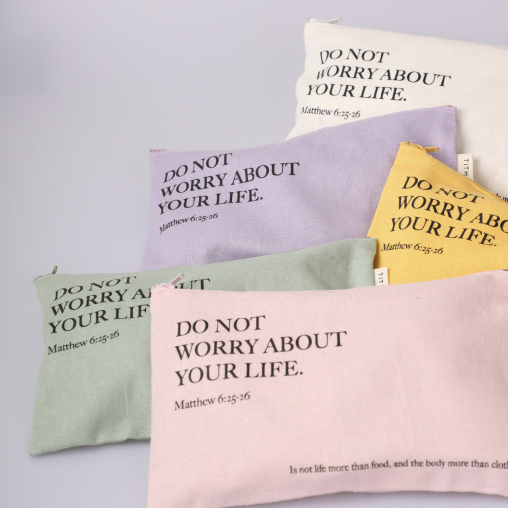 Do Not Worry Christian Canvas Zipper Pouch – Matthew 6:25-26 Bible Verse | Faith-Inspired Makeup & Travel Organizer | 5 Colors